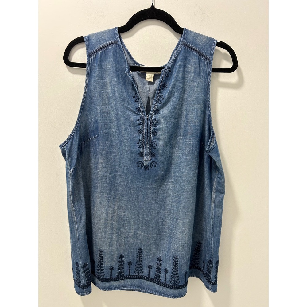Vintage America Blues Women XL Chambray Embroidered Sleeveless Top Blue Blouse